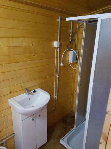 a bathroom with a sink and a shower at Domek nad jeziorem Chańcza in Chańcza