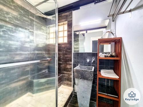 uma casa de banho com uma cabina de duche em vidro e um lavatório. em Corail- Duplex de 45m2 - 10 min de l'aéroport et du centre de Saint Denis em Saint-Denis