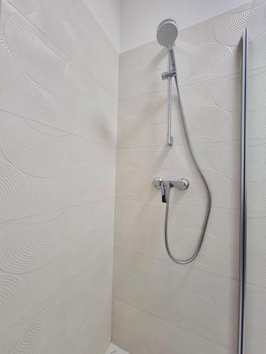 a shower with a shower head in a bathroom at BaMo Studio - city living downtown in Klagenfurt