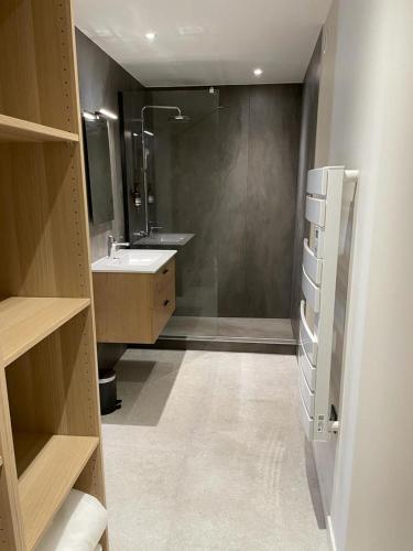 une salle de bain avec un lavabo et une douche dans l'établissement Résidence Le Provence, au Lavandou