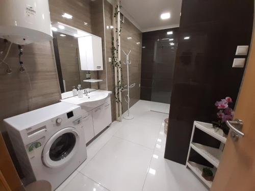 y baño con lavadora y lavamanos. en Madách Central Apartment, en Budapest