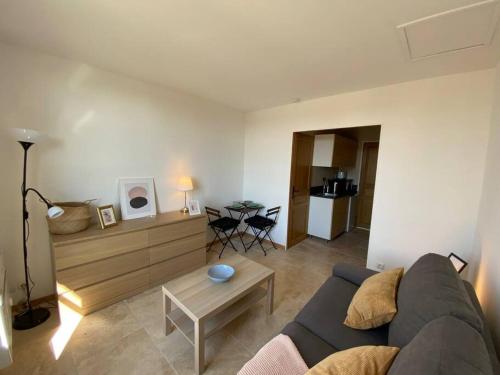 un salon avec un canapé et une table dans l'établissement Marion - La Maison Racine 3 -Charmant studio au cœur du CV, à Avignon
