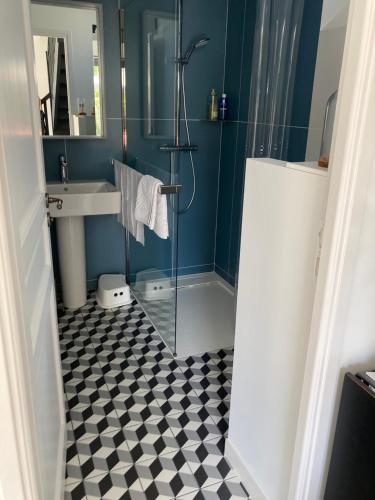 La salle de bains est pourvue d'une douche et de carrelage noir et blanc. dans l'établissement Maison à Pornichet, à Pornichet