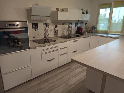 a kitchen with white cabinets and a counter top at Chez Ilenia in Lagny