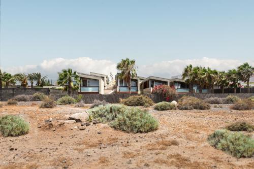 une maison dans le désert avec des plantes au premier plan dans l'établissement Casa en la playa la Mareta, à Granadilla de Abona