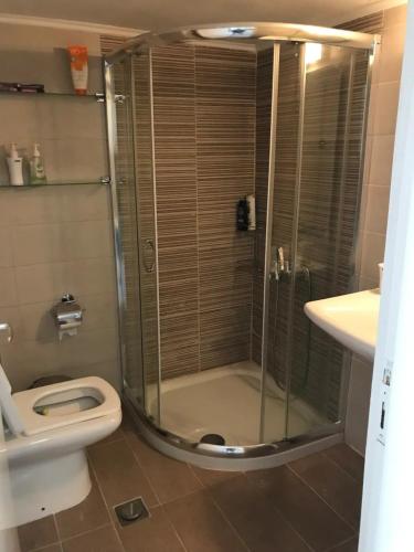 a bathroom with a shower with a toilet and a sink at Elena's Beach house in Nea Irakleia