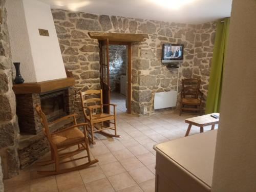 cocina con sala de estar con chimenea de piedra en Gîte le Petit Riou, en Sainte-Marguerite-Lafigère