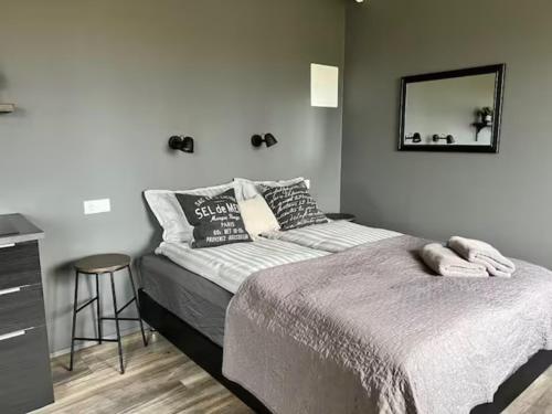 a bedroom with a bed and a mirror on the wall at Elding Apartments in Ölfus