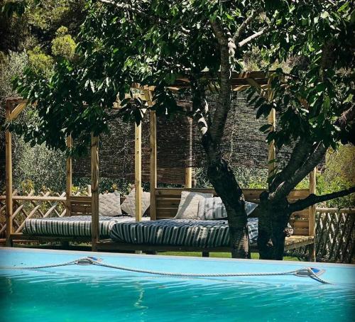 a bed sitting under a tree next to a swimming pool at DOLCE VITA CIAIXE in Camporosso