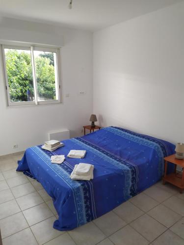 Schlafzimmer mit einem Bett mit blauer Bettwäsche und einem Fenster in der Unterkunft Maison à la plage.7 couchages in Borgo