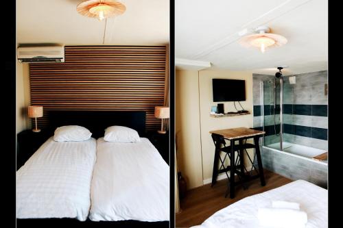 ein Schlafzimmer mit einem Bett und ein Badezimmer mit einer Dusche in der Unterkunft Floatel - de Schans Alphen in Benedeneind