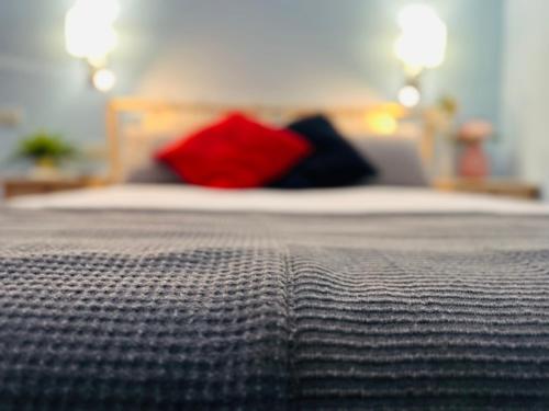 a bed with red and black pillows on it at B&B -Di Piazza Cairoli in Pisa