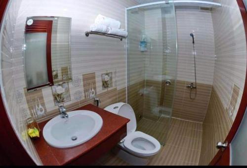 uma casa de banho com um WC, um lavatório e um chuveiro em OYO NGUYỄN TRUNG HOTEL em Vung Tau