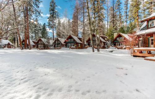 einen schneebedeckten Hof vor einem Blockhaus in der Unterkunft Metolius Cabin 11 in Camp Sherman