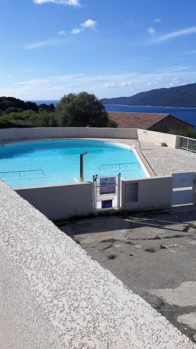 une grande piscine bleue à côté de l'eau dans l'établissement Mini Villa - Vue mer, à Serra-di-Ferro