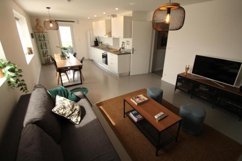 un salon avec un canapé et une table dans l'établissement Bienvenue chez DaLo, jacuzzi, art et modernité, à Altkirch