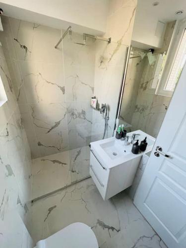 une salle de bain blanche avec un lavabo et une douche dans l'établissement Chez Alex, à Asnières-sur-Seine