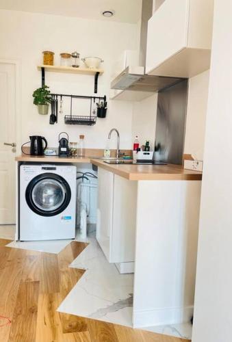 a kitchen with a washing machine and a washer at Chez Alex in Asnières-sur-Seine