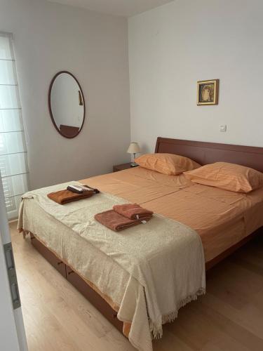 a bedroom with two beds and a mirror at Apartman Elena in Verunić