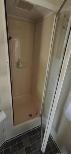 a shower with a glass door in a bathroom at Relaxing home in Svarstad