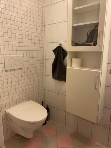 baño blanco con aseo y armario en WALO APARTMENTS Tromsø - Alfheim 10 min walk to city centre - No parking, en Tromsø