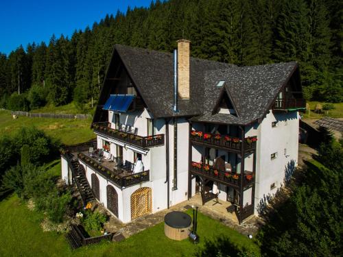 an aerial view of a large white house with a black roof at Bucovina Lodge Pension in Vama