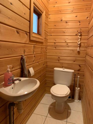 a wooden bathroom with a toilet and a sink at Chalet 17 tournesol Mauroux in Mauroux