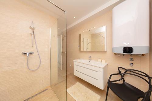 a bathroom with a shower and a sink and a glass shower stall at Apartman Seaside 5 in Banjole
