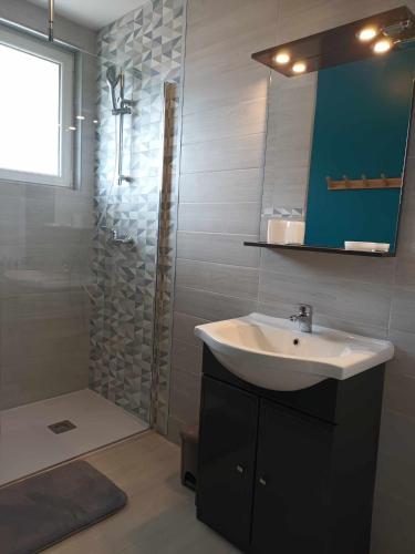 une salle de bain avec un lavabo et une douche dans l'établissement Chez Tartine, à Thénioux