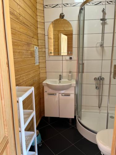 a bathroom with a sink and a shower at Domki Kapitan Antonio in Ustronie Morskie