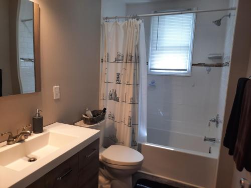 a bathroom with a sink and a toilet and a shower at Catskill, Your Place to Be in Catskill