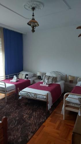 a bedroom with two beds and a blue wall at Noclegi in Poznań