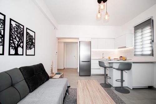 een woonkamer met een bank en een keuken bij Anesis Town Apartments in Rhodos-stad