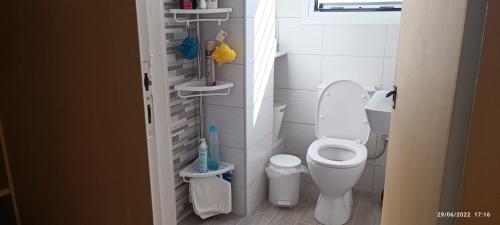 a small bathroom with a toilet and shelves on the wall at Lefterakis place in Aegina Town