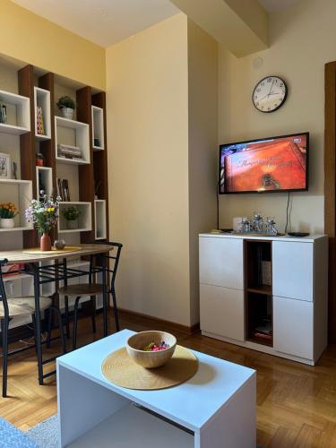 a living room with a table and a tv on a wall at Suncani apartman 36, Brzece in Brzeće