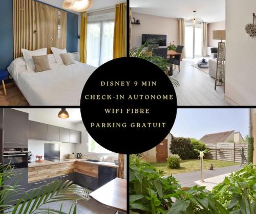 a collage of pictures of a bedroom and a living room at Bonsaï Disneyland JO Paris 2024 avec Parking in Bailly-Romainvilliers