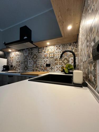 a kitchen with a sink and a counter top at Plaza Apartment in Cannobio