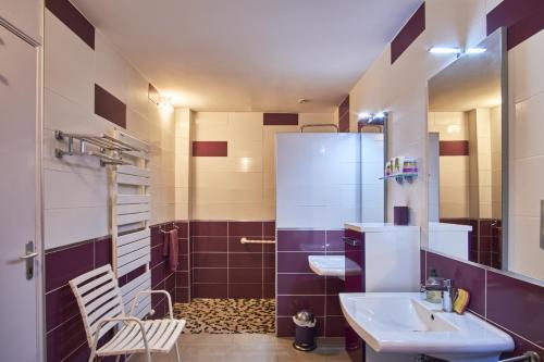 a bathroom with a sink and a shower at Gite Les Galets Chantants Saint hilaire du rosier in Saint-Hilaire-du-Rosier