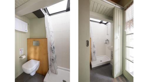 two images of a bathroom with a toilet and a shower at Rose Willow, Vourvourou #FeelsLikeHome in Vourvourou