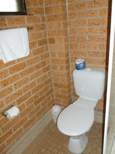 a bathroom with a white toilet and a brick wall at Royal Palms Motor Inn in Coffs Harbour