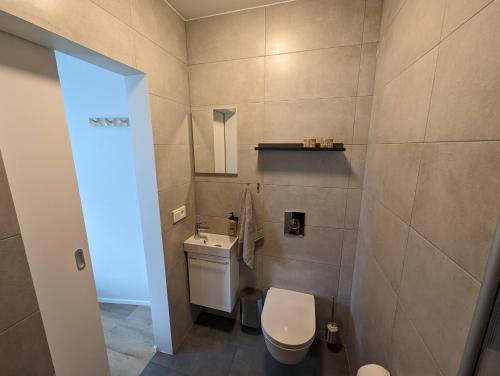 a bathroom with a toilet and a sink at The Ísafjörður Inn in Ísafjörður