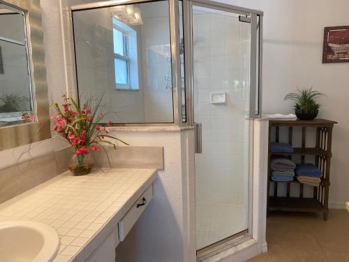 un bagno con doccia, lavandino e specchio di Kendra's Southern Dunes House a Haines City