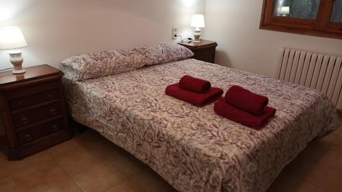 a bedroom with a bed with two red pillows on it at Marina in Lleida