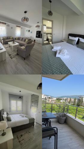 a collage of four pictures of a bedroom and a living room at Apartment All Seasons in Ulcinj