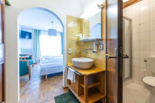 a bathroom with a sink and a toilet in a room at Tirolerhof in Sankt Georgen im Attergau