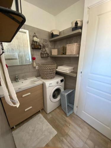 une salle de bain avec une machine à laver et un lave-linge dans l'établissement Appartement avec jardin en ville, à LʼIsle-sur-la-Sorgue