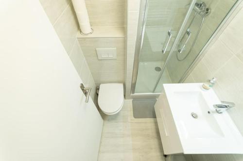 uma casa de banho com um WC, um lavatório e um chuveiro em Souvenirs d'enfance-La Bonne Marienne-La Madeleine em Angers