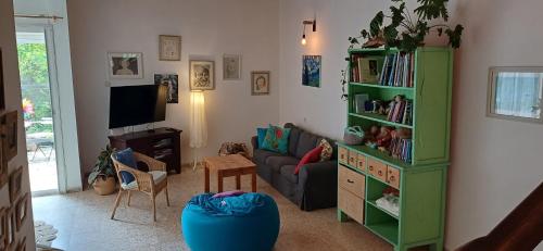una sala de estar con una estantería verde. en Galilean villa with jacuzzi, en Qiryat ‘Amal