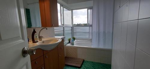 a bathroom with a sink and a tub and a window at Galilean villa with jacuzzi in Qiryat ‘Amal