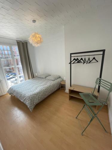 um quarto com uma cama, uma cadeira e um lustre em Vivez au coeur Historique - St François - Grand appartement confortable em Le Havre